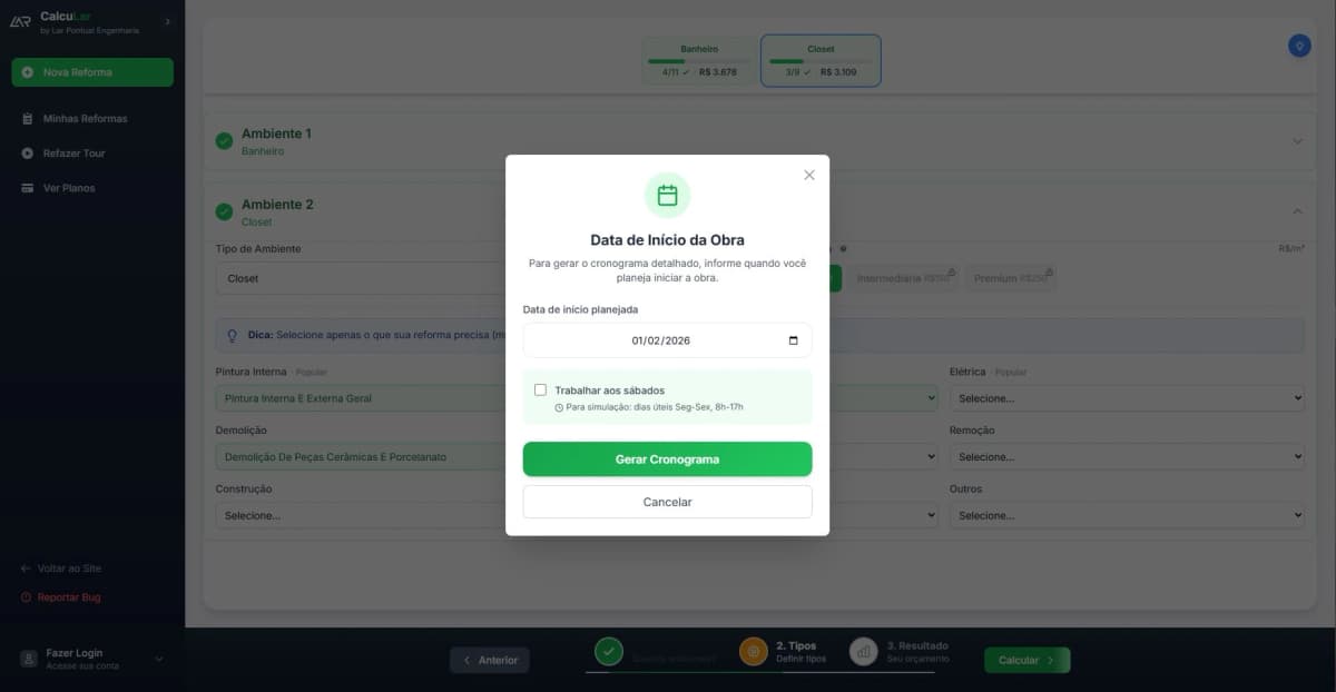 Configuração de data de início da reforma e cronograma visual da obra