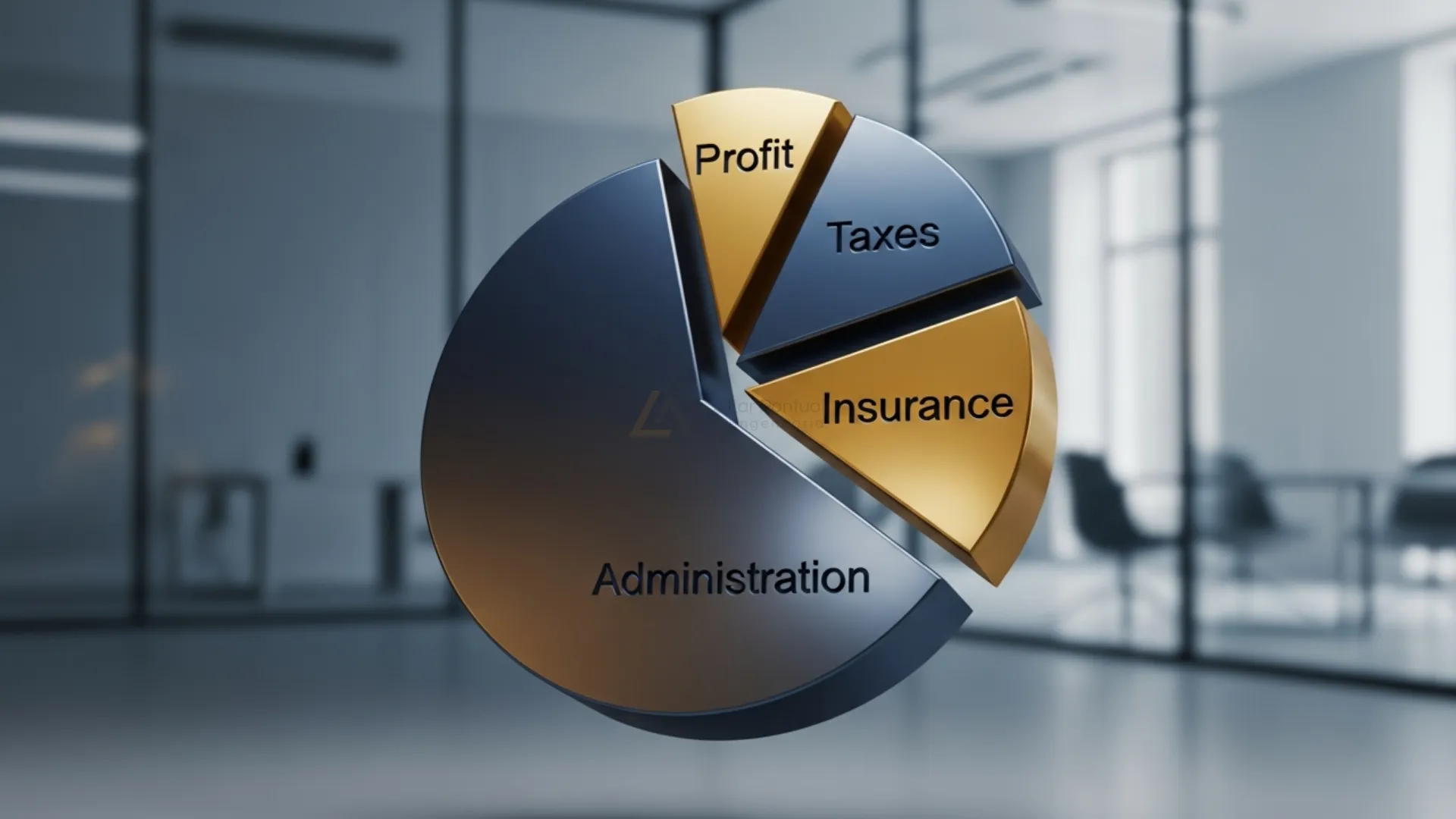 Gráfico de pizza fatiado mostrando a composição percentual típica do BDI: Administração, Impostos, Riscos e Lucro