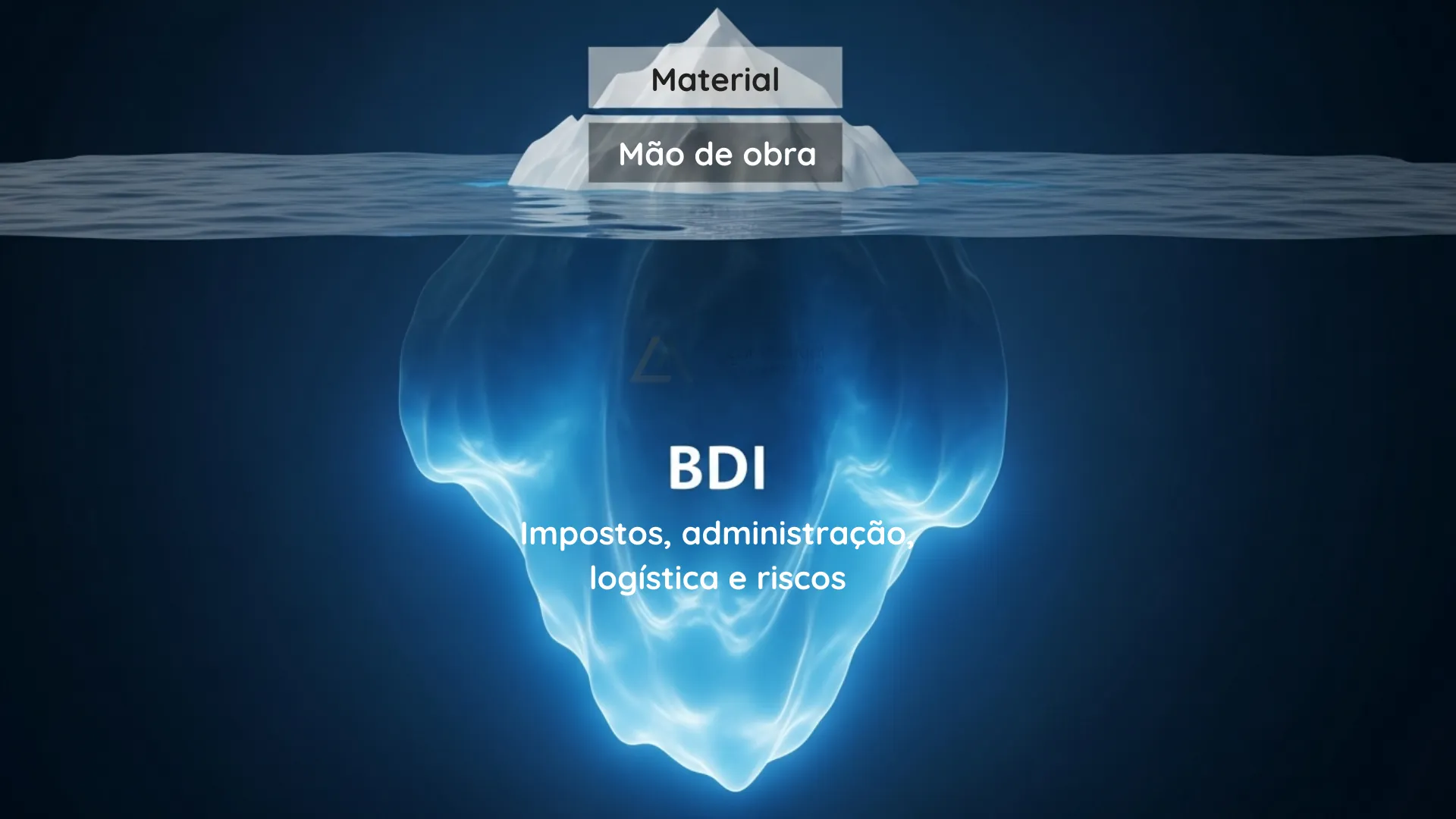 Infográfico 3D explicado o conceito de Iceberg de Custos: Custos Diretos visíveis acima da água e BDI abaixo da água