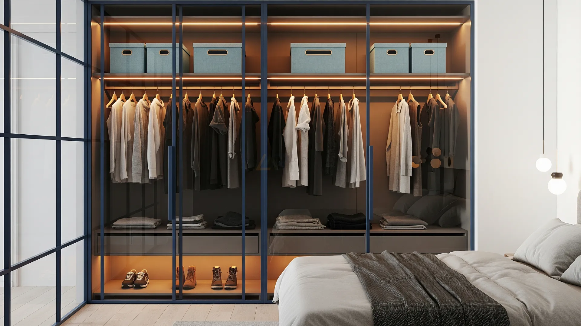 Closet aberto moderno em quarto de casal