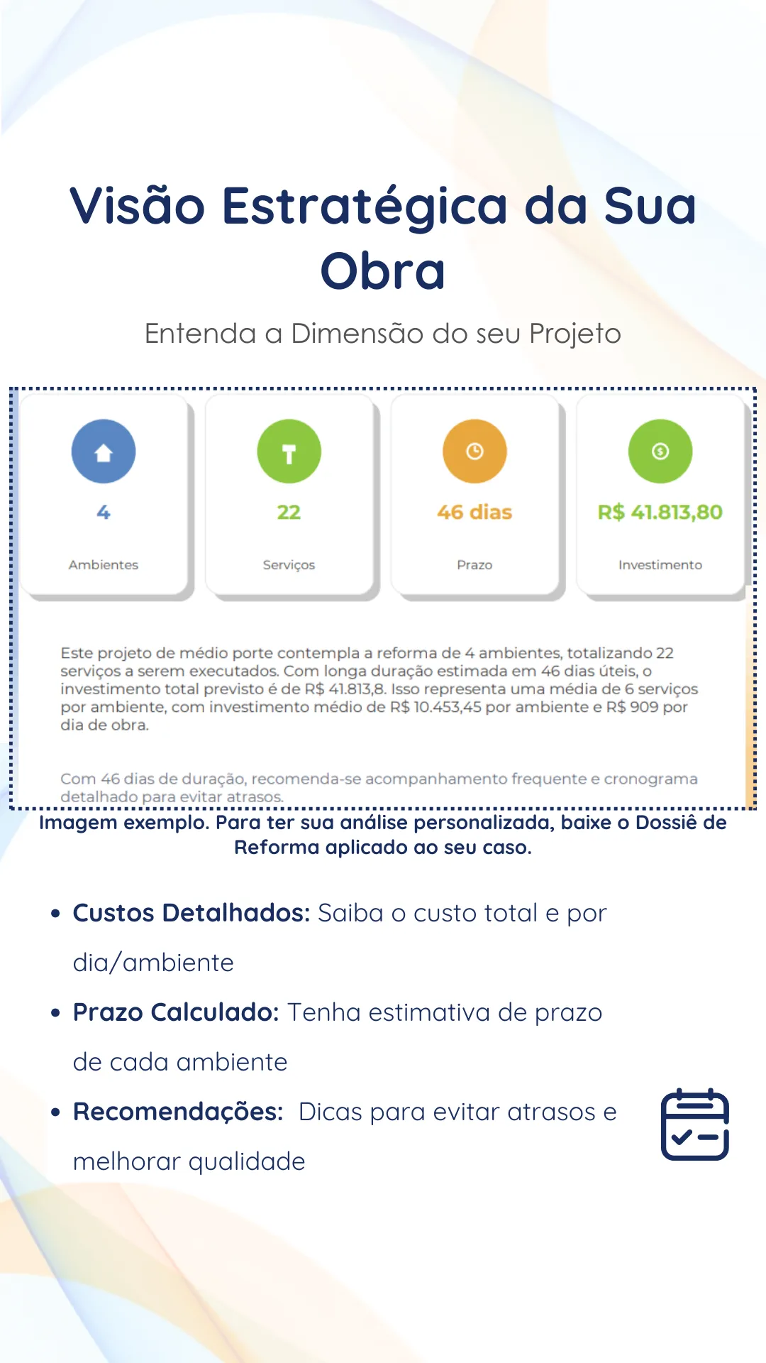 Resumo com ambientes, serviços, prazo e investimento