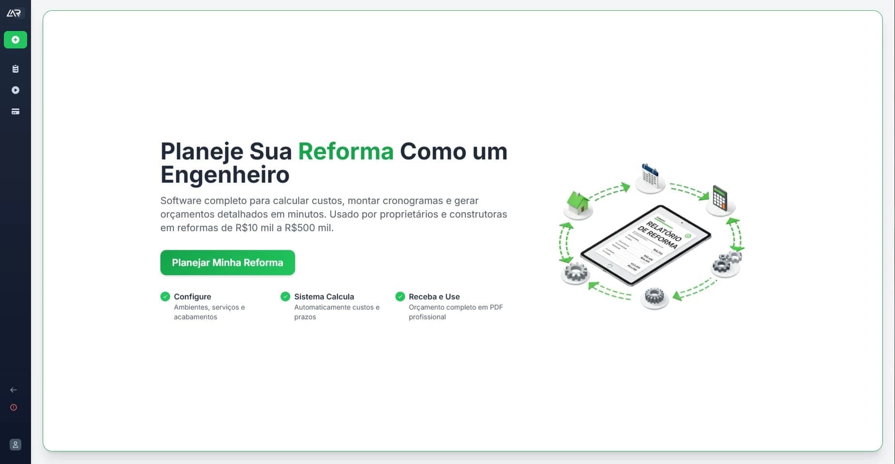 Interface principal do CalcuLar - Calculadora de Reforma Online