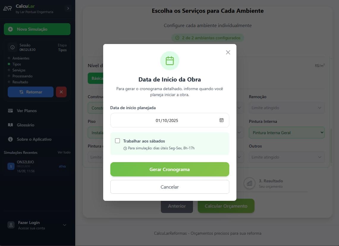 Tela de definição de cronograma