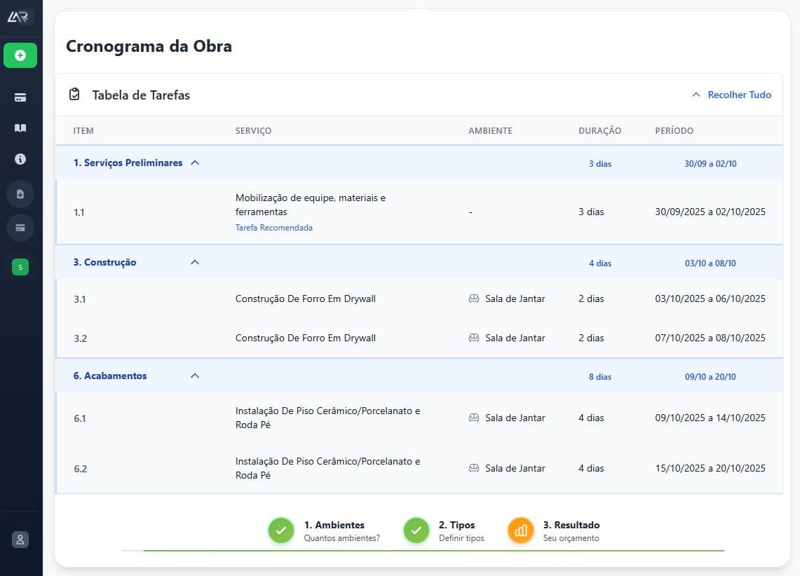 Cronograma detalhado do Simulador de Reforma