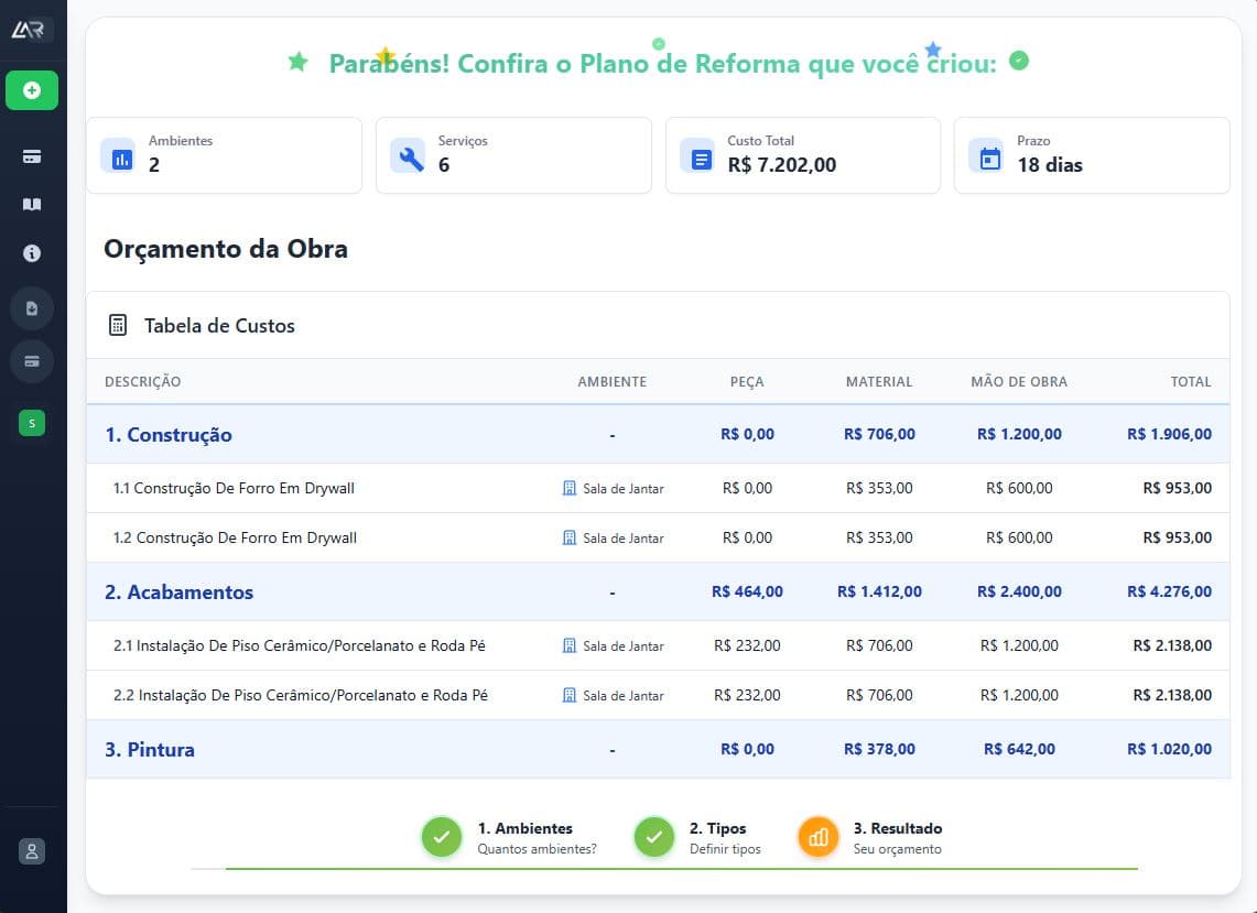 Tela de simulação detalhada do Simulador de Reforma