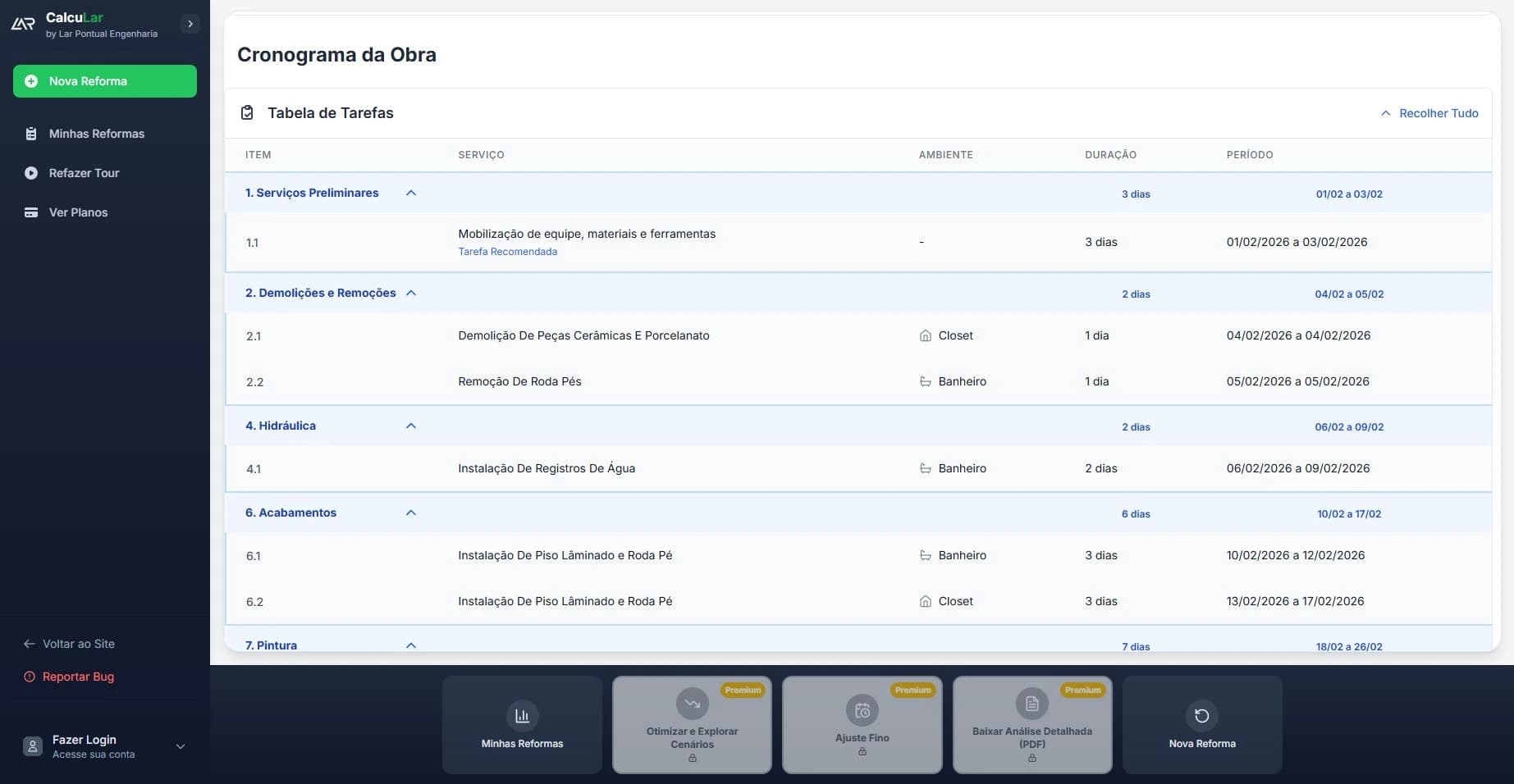 Lista de tarefas detalhada para acompanhamento da reforma