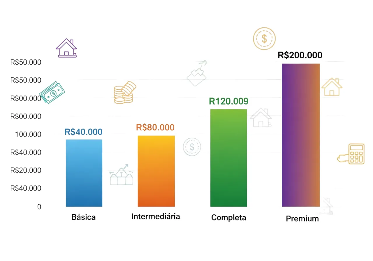 Gráfico comparativo de custos de reforma por tipo: básica, intermediária, completa e premium