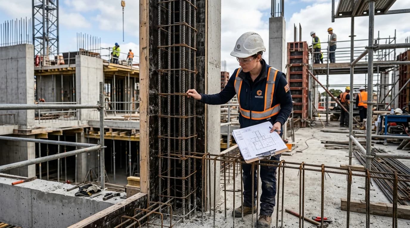 Engenheiro civil profissional inspecionando armaduras estruturais e conferindo pranchas de projeto no canteiro de obras.
