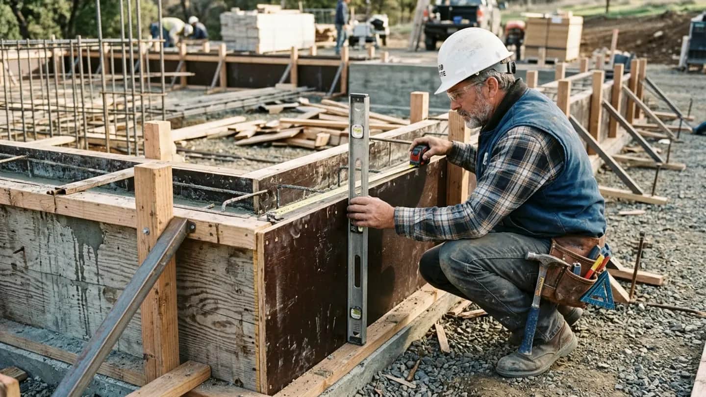 Carpinteiro de fôrma com capacete e cinto de ferramentas alinha painéis de madeira compensada plastificada em viga de concreto armado.