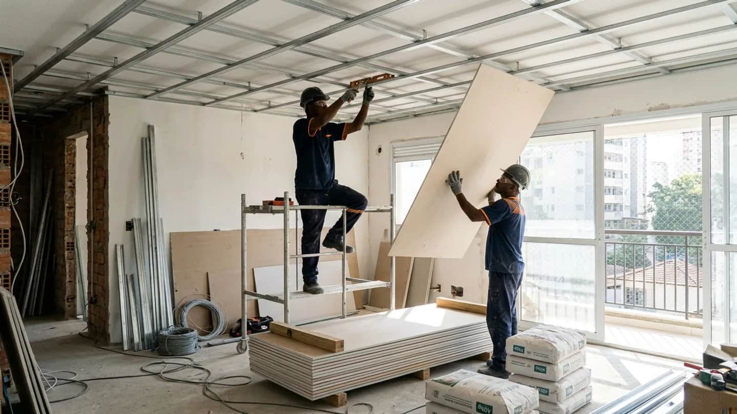 Profissionais gesseiros preparam a instalação de estrutura de forro de drywall e chapas de gesso acartonado em reforma de apartamento residencial.