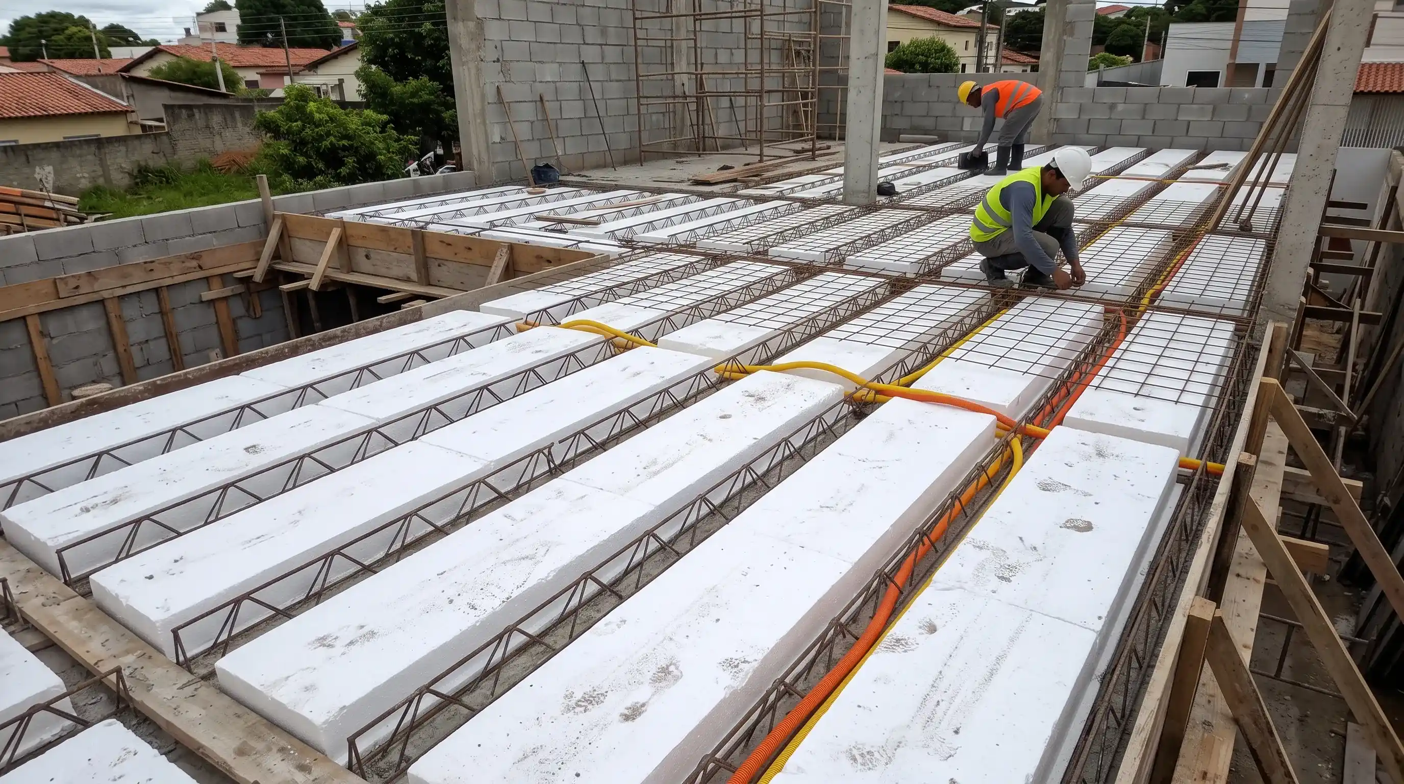 Engenheiro civil e mestre de obras inspecionando armação de laje treliçada residencial antes da concretagem.