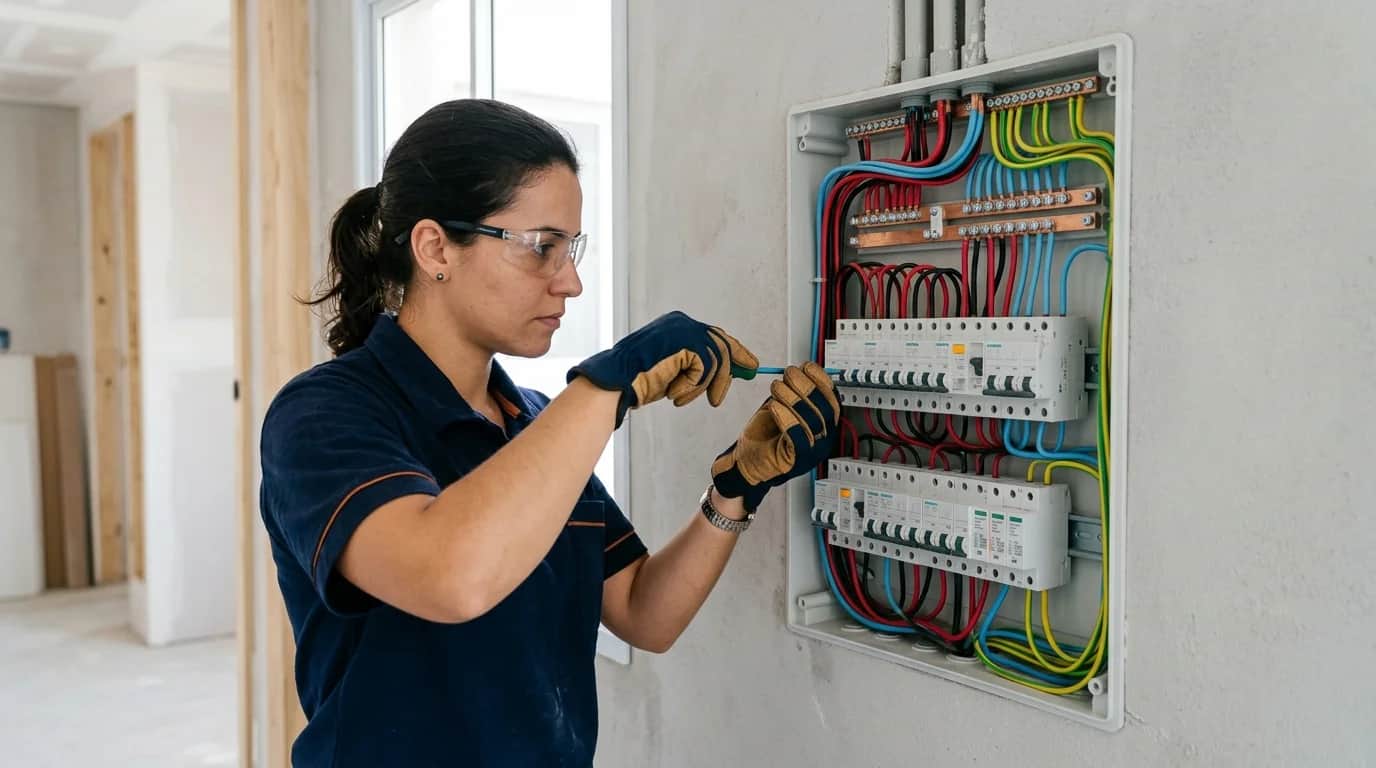 Eletricista residencial inspecionando cabeamento e disjuntores em quadro de distribuição embutido.