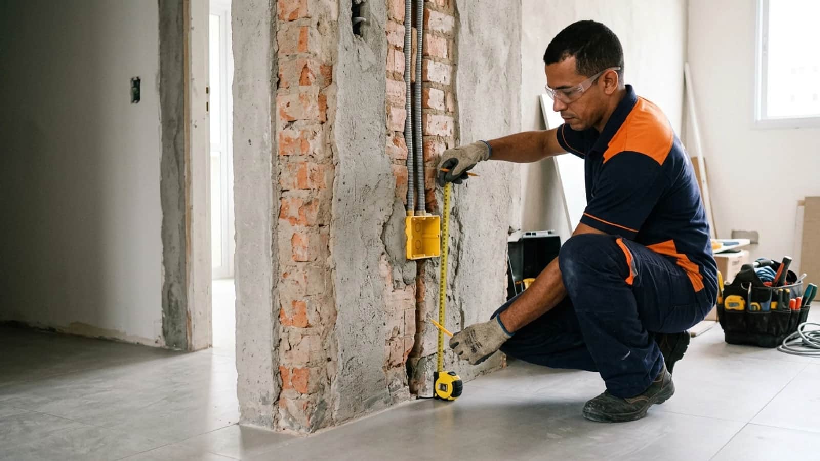 Eletricista confere a cota da caixinha do interruptor a 1,15 m do piso acabado com trena durante reforma residencial.