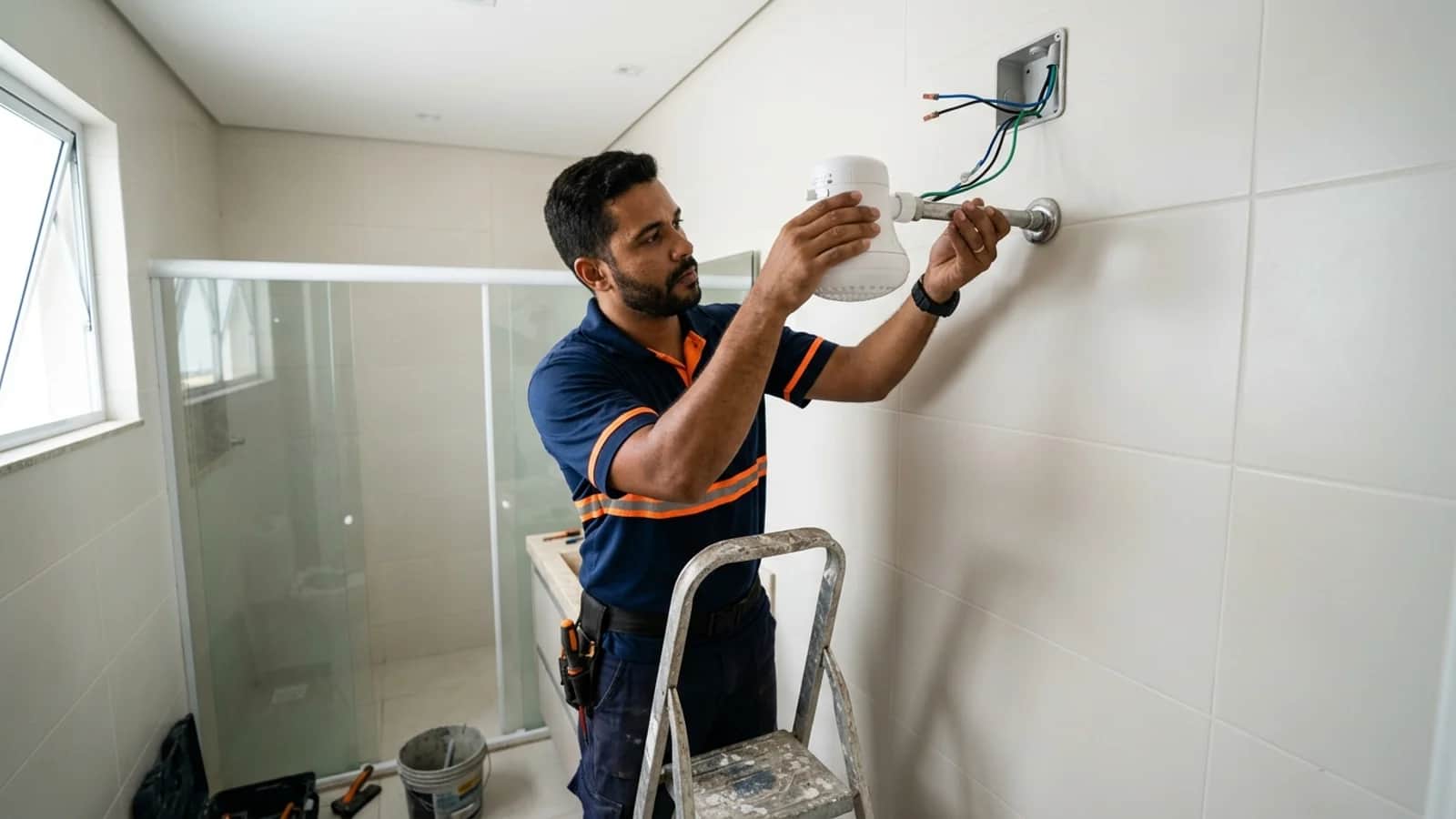 Eletricista qualificado aplicando fita veda-rosca em niple de chuveiro elétrico em banheiro residencial.