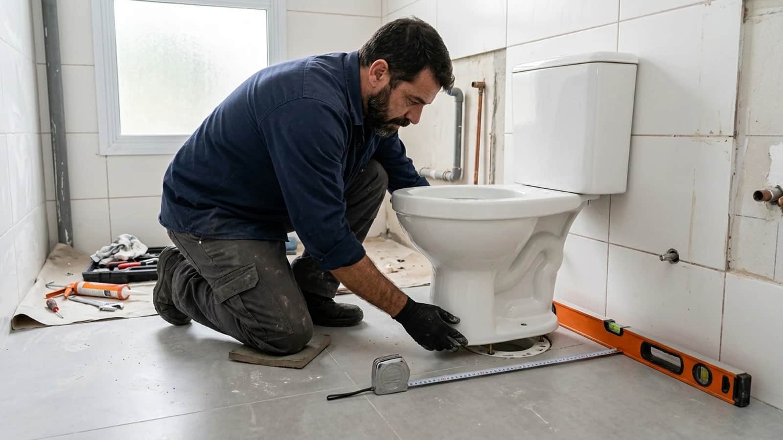 Encanador profissional alinhando bacia sanitária branca com caixa acoplada sobre ponto de esgoto em banheiro residencial em reforma.