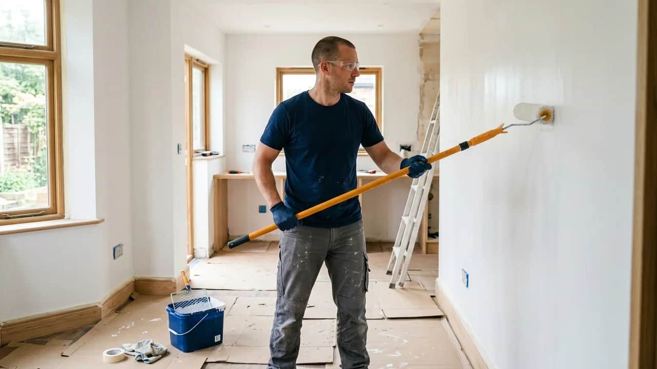 Pintor profissional aplica tinta acrílica fosca com rolo de microfibra em parede residencial com proteção de rodapés.