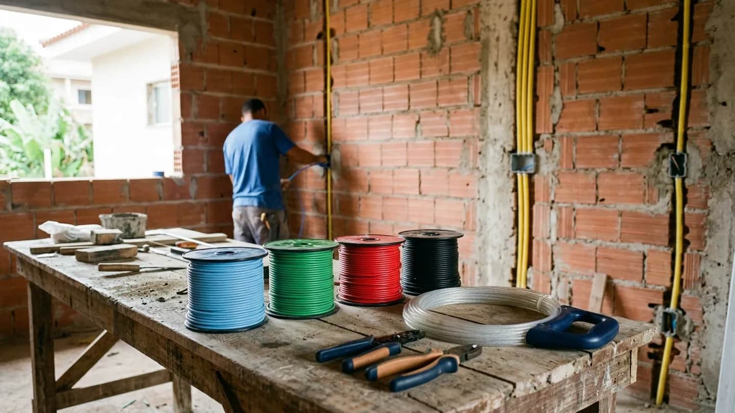 Rolos de cabos elétricos flexíveis nas cores normatizadas da NBR 5410 organizados em bancada de obra residencial.