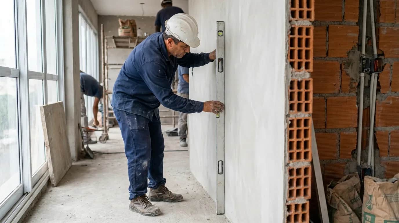 Mestre de obras inspeciona prumo e espessura de emboço com régua de nível de alumínio em parede de reforma residencial.