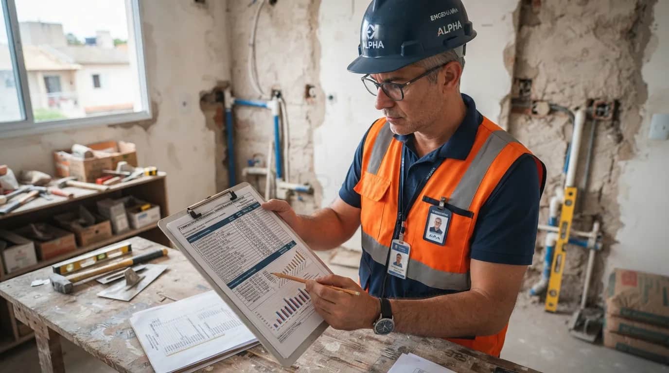 Engenheiro civil inspecionando projetos de reforma residencial com cronograma e planilha de custos.