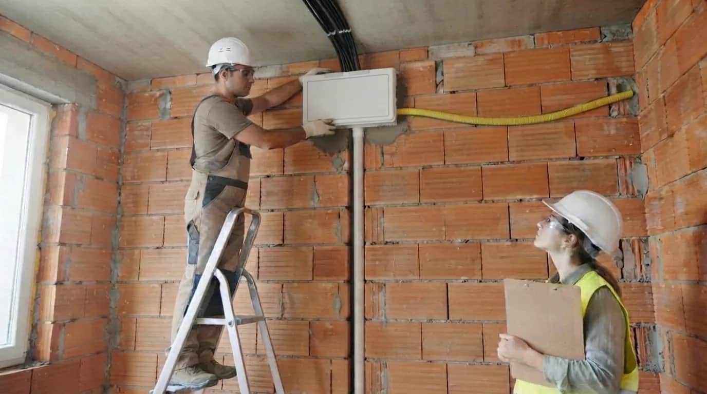 Engenheira e instalador com capacetes de segurança inspecionam caixa de passagem no alto da parede de tijolos em obra residencial.