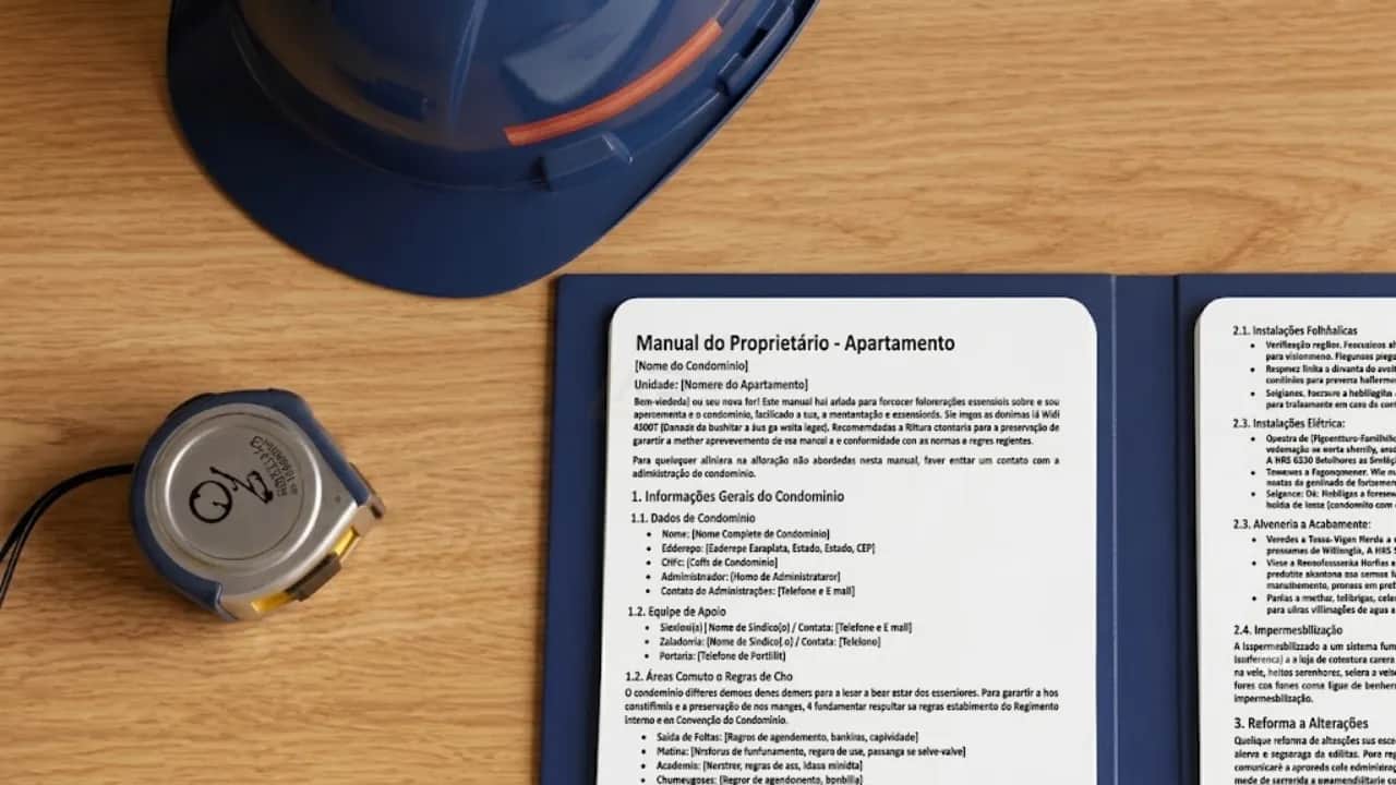Manual do Proprietário impresso sobre mesa de madeira ao lado de capacete azul e trena.