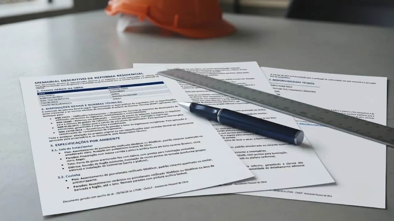 Folhas impressas do memorial descritivo de reforma residencial sobre a mesa de trabalho, caneta azul, régua metálica e capacete de obra laranja ao fundo.