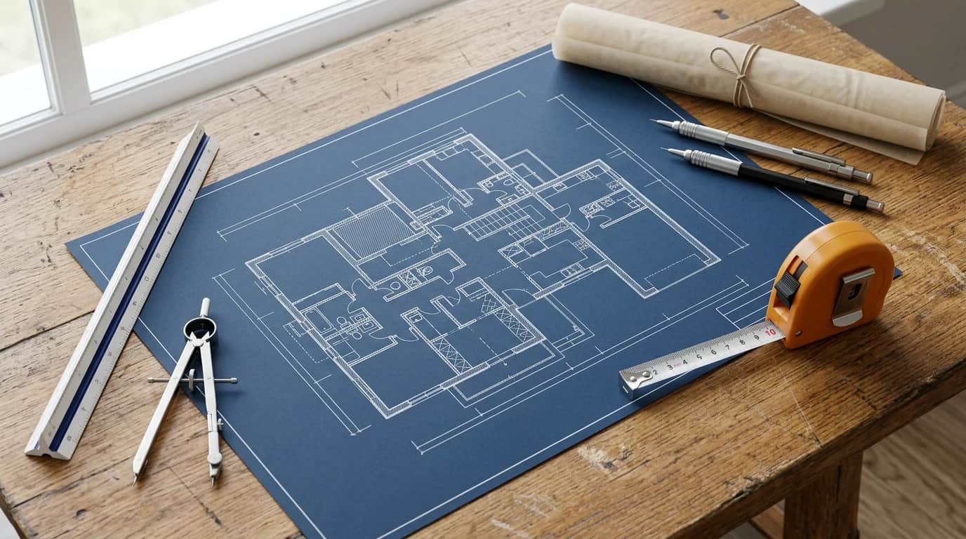 Mesa de escritório técnico com prancha de planta baixa arquitetônica, escalímetro e instrumentos de medição de engenharia.
