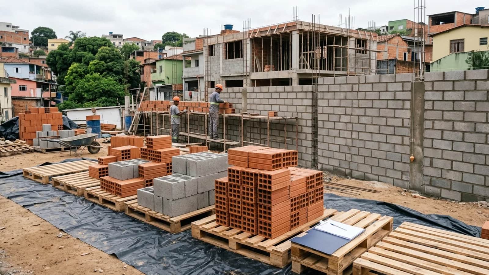 Paletes de blocos cerâmicos furados e blocos de concreto organizados em canteiro de alvenaria residencial com prancheta técnica.
