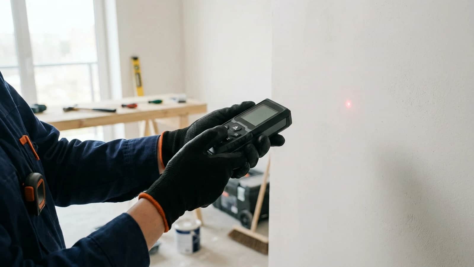 Engenheiro civil utilizando trena a laser compacta para medição de cômodo em reforma de apartamento.