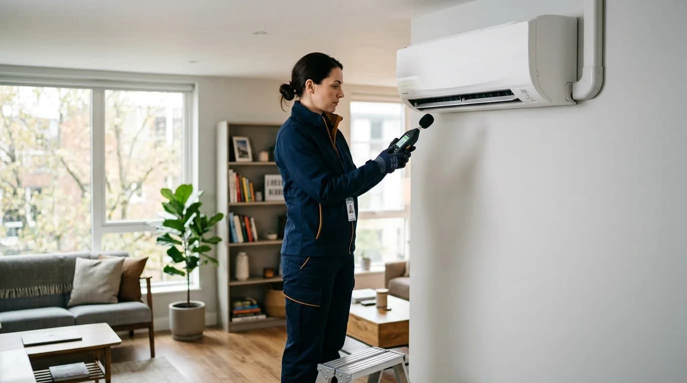 Técnica de climatização medindo o nível de pressão sonora com decibelímetro junto à unidade evaporadora de ar-condicionado split em sala residencial.