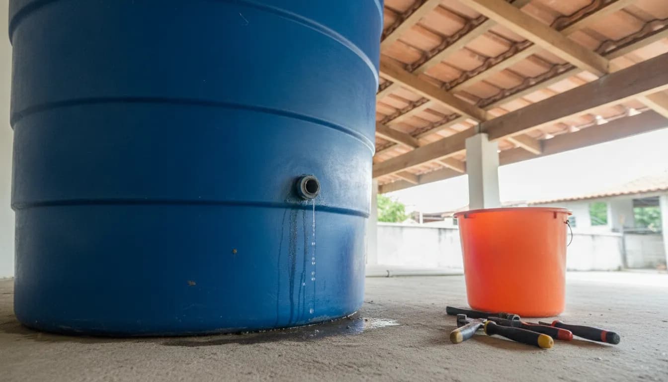 Caixa d'água de polietileno azul instalada sob a estrutura de madeira do telhado.
