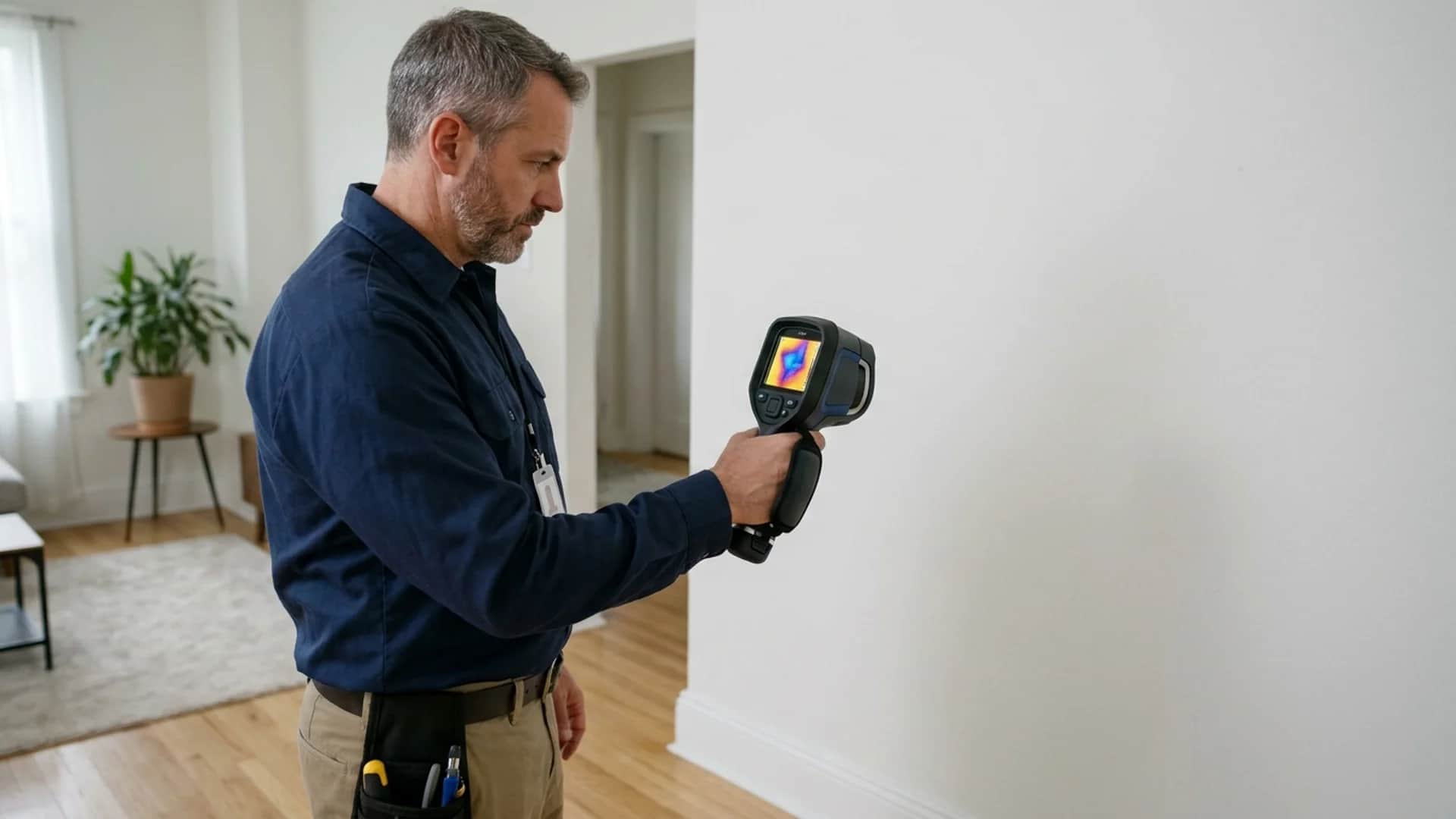 Engenheiro civil inspecionando alvenaria interna com câmera térmica portátil durante vistoria diagnóstica de infiltração.
