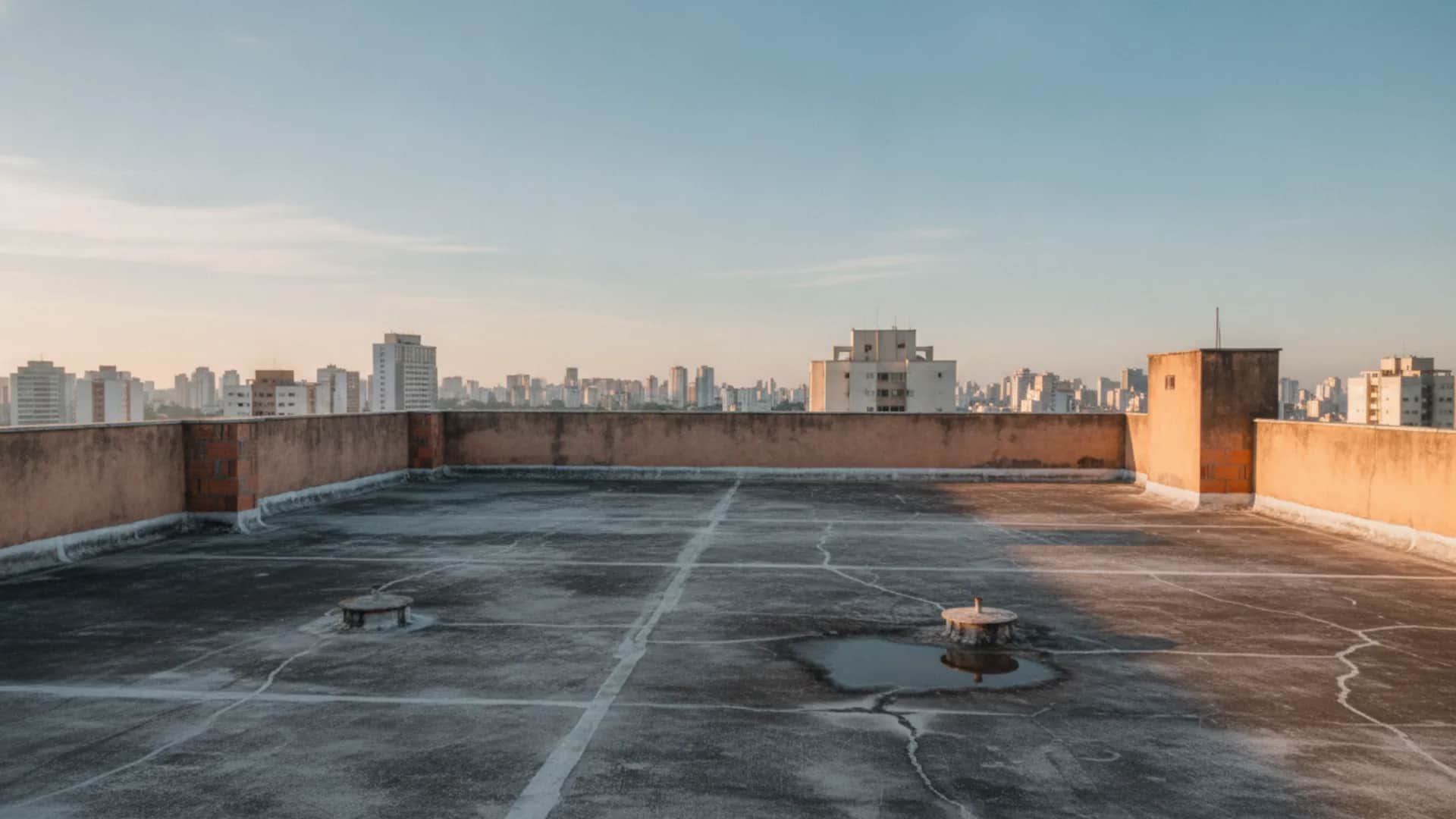 Laje exposta residencial de concreto sob luz natural, mostrando o escoamento de água em direção aos ralos metálicos.