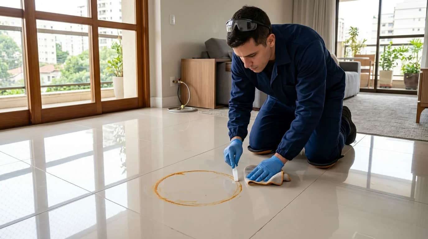 Técnico de restauração residencial inspecionando e aplicando produto específico em anel de ferrugem sobre porcelanato polido.