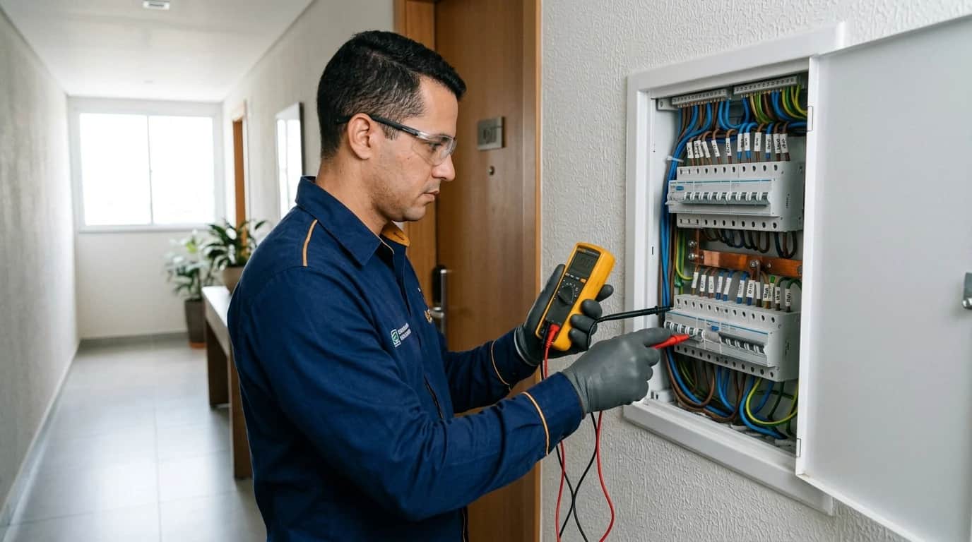 Eletricista com EPI utilizando multímetro digital para aferir a tensão nos barramentos de um quadro de distribuição residencial.