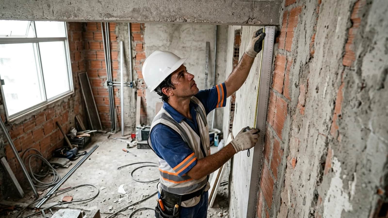 Engenheiro civil inspeciona desaprumo de parede de alvenaria com régua de alumínio de 2 metros e trena em obra residencial.