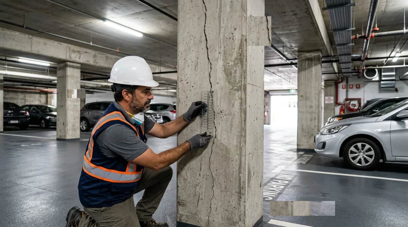 Engenheiro civil inspeciona fissura vertical em pilar de concreto com fissurômetro acrílico em subsolo residencial.