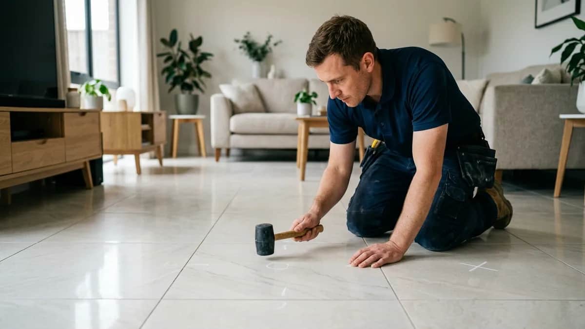 Engenheiro civil realizando teste de percussão acústica com martelo de ponta polimérica para diagnóstico de peças ocas em piso de porcelanato.