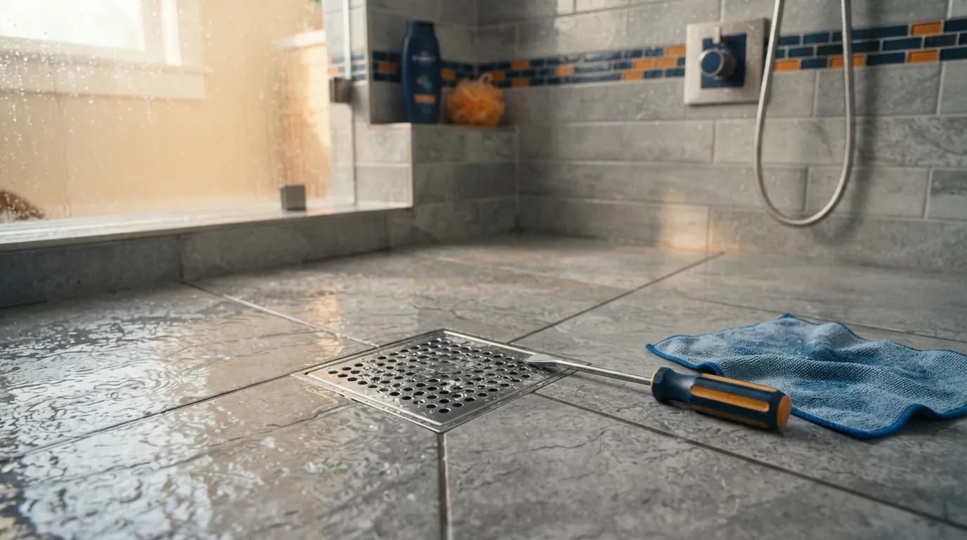 Grelha de ralo de banheiro em aço inox com acúmulo de água no box e ferramentas de apoio.