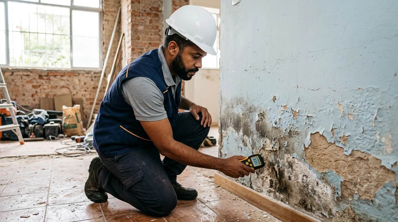 Engenheiro inspeciona alvenaria residencial com higrômetro digital para diagnóstico de umidade ascendente de fundação.