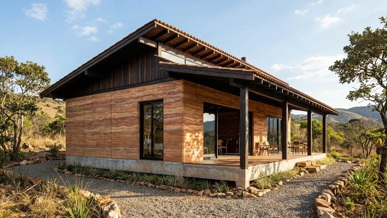 Casa contemporânea com paredes estruturais em taipa de pilão aparente, beiral amplo de madeira e esquadrias de vidro.