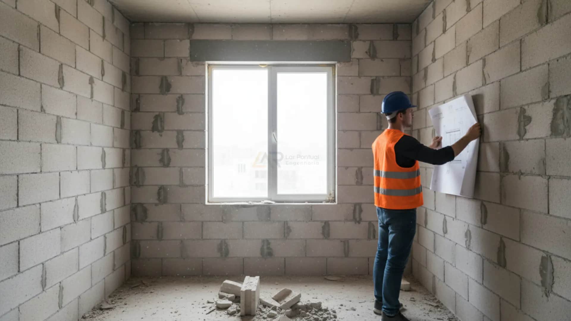 Engenheiro civil analisa projeto estrutural em apartamento MRV com paredes de bloco de concreto aparentes durante fase de obra em São Paulo.