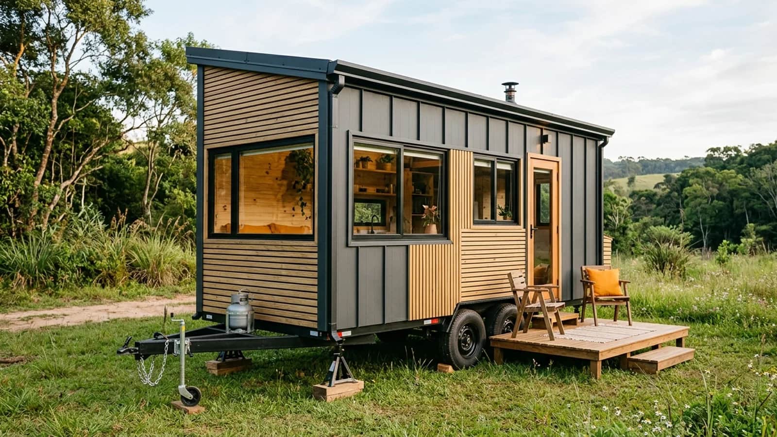 Tiny house sobre rodas contemporânea integrada a terreno com deck de madeira e caixilhos amplos.