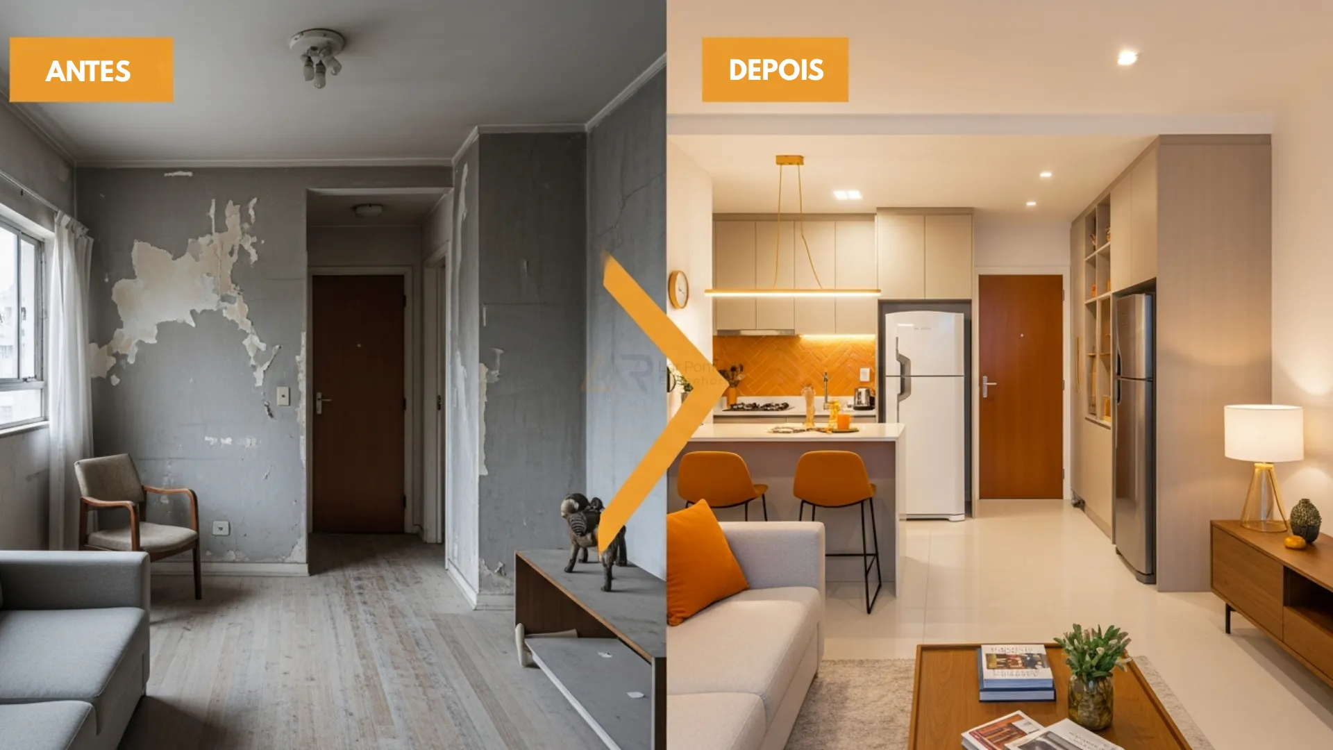 Exemplo de antes e depois de reforma residencial