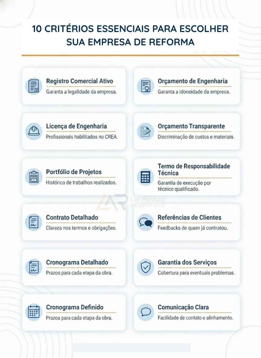 Infográfico com os 10 critérios essenciais para escolher empresa de reforma