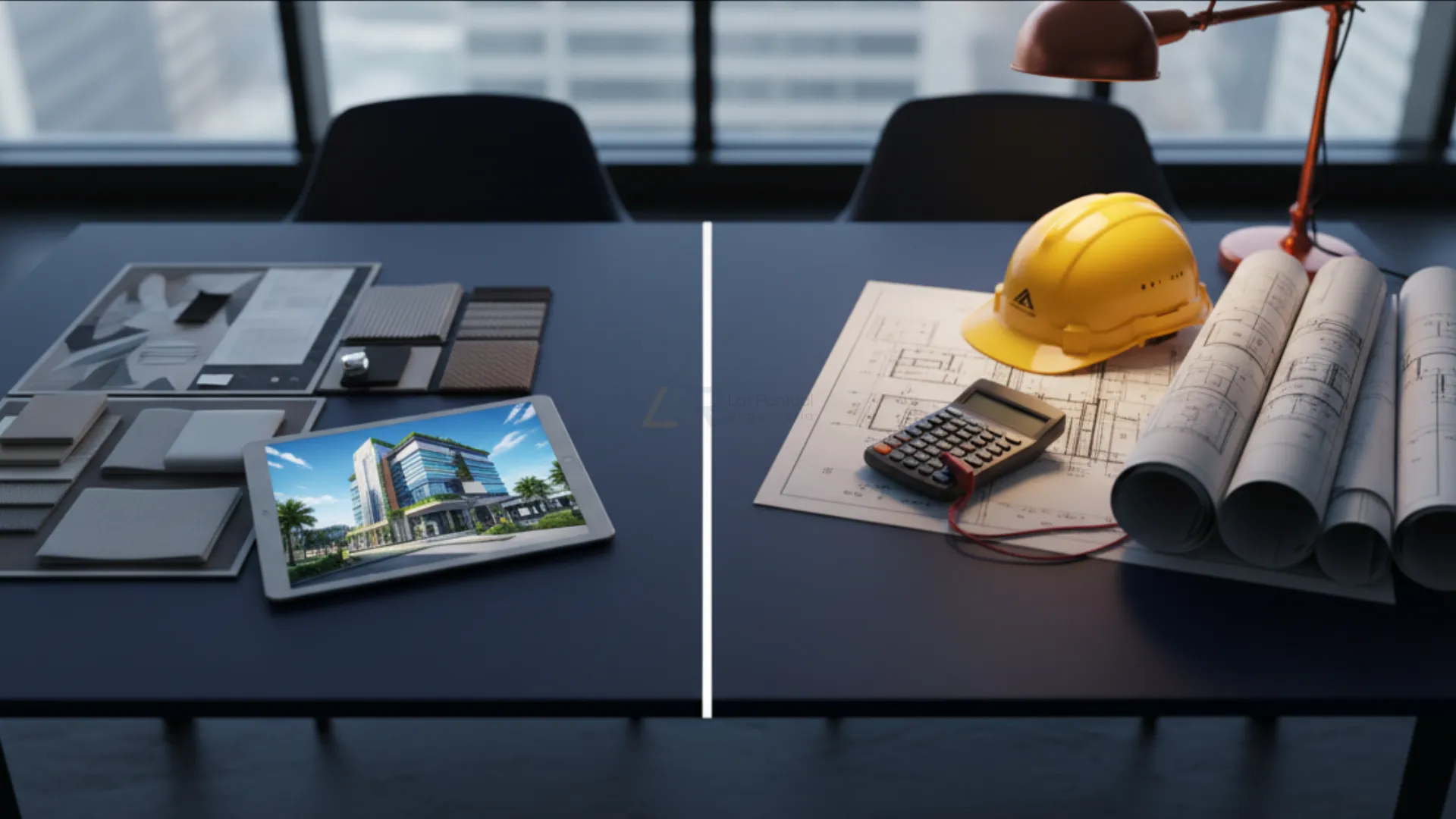 Equipe de Gestão Integrada trabalhando na mesma mesa. De um lado amostras de paletas e mármores decorativos (arquitetura), do outro esquemas de forças tensoriais complexas em tablets robustos (engenharia).