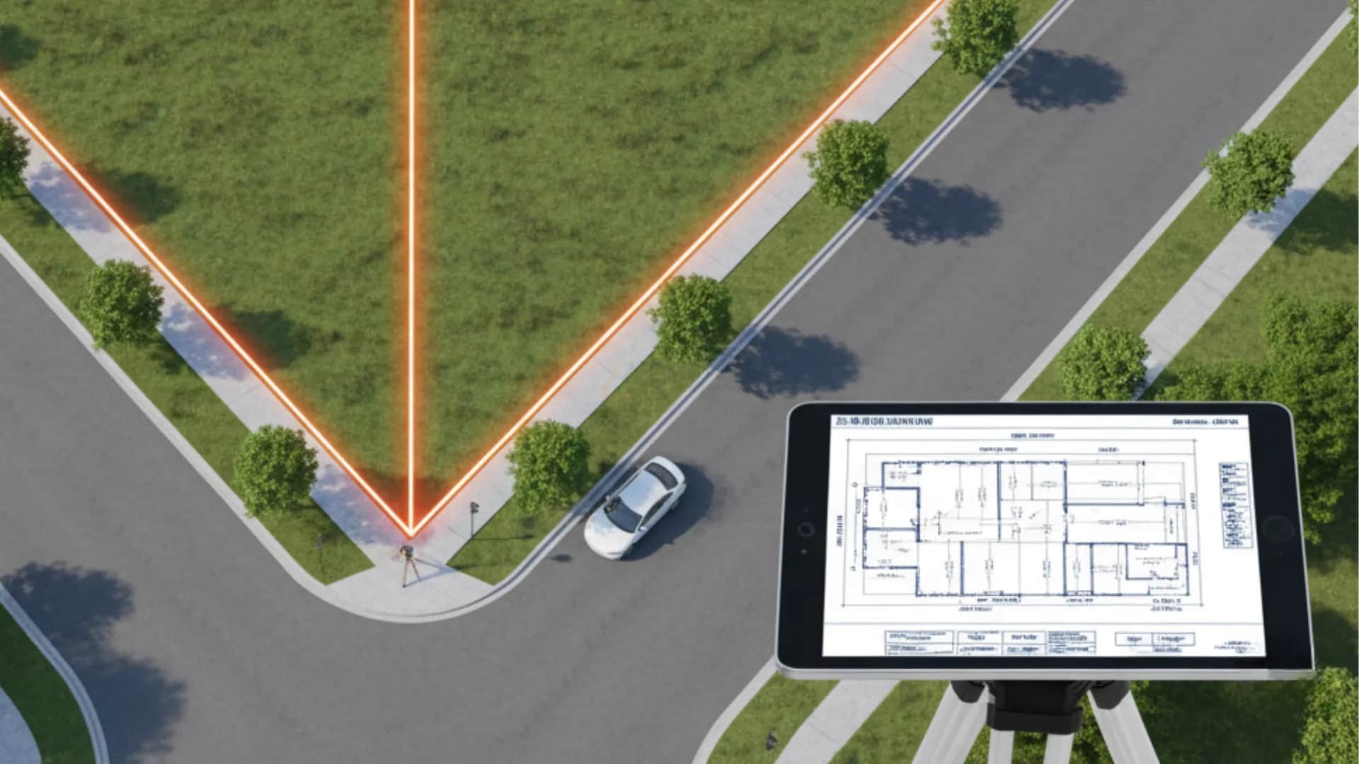 Vista aérea 3D de um grande terreno de esquina sendo dividido legalmente em dois novos lotes independentes, pronto para novas construções.