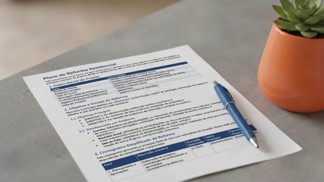 Documento impresso de Plano de Reforma Residencial sobre mesa de madeira, com caneta azul de metal e vaso de cor laranja.