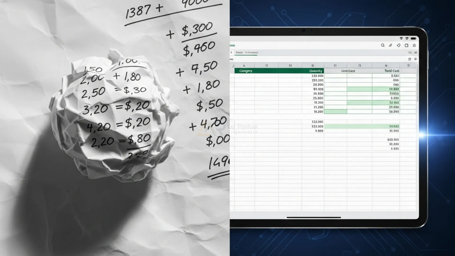 Comparativo lado a lado: Orçamento de papel de pão (confuso) vs Planilha de Orçamento Profissional com BDI destacado