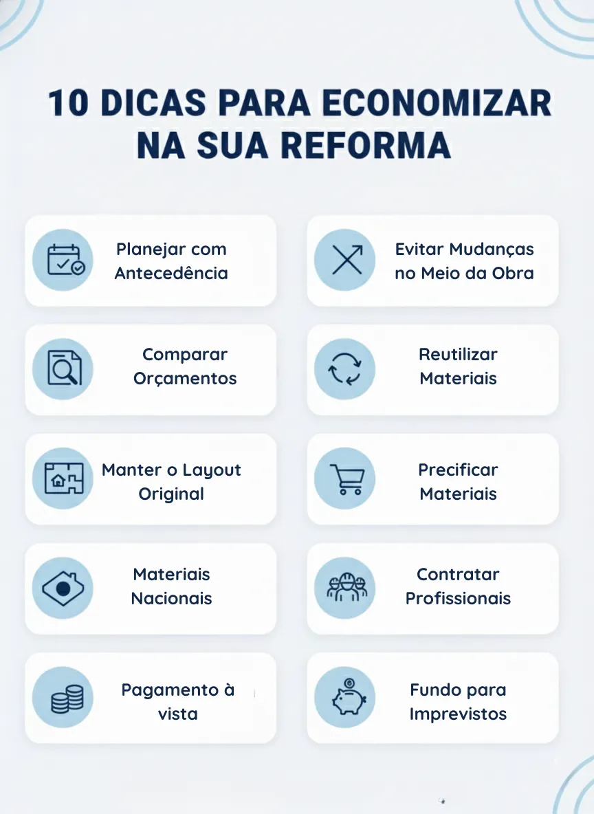 Infográfico com as 10 dicas para economizar na reforma
